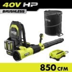 RYOBI 40V HP Brushless 850 CFM Whisper Series Blower with (2) 8.0 Ah Batteries, Rapid Charger and Lawn and Leaf Bag RY40HPLB02K-AC04313
