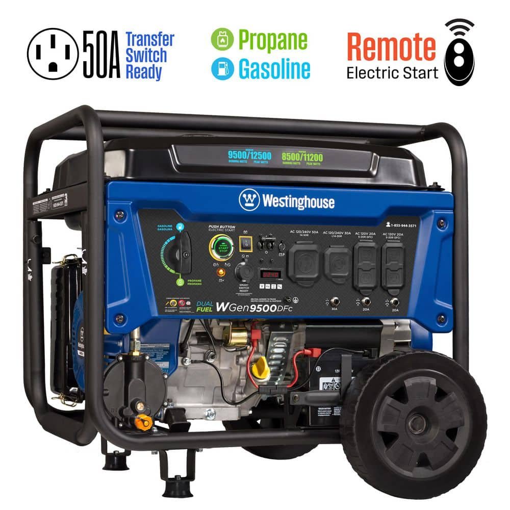 westinghouse-portable-generators-wgen9500dfc-64_1000.jpg Westinghouse 12,500/9,500-Watt Remote Electric Start Dual Fuel Gas and Propane Powered Portable Generator w/ 50 Amp Outlet, CO Sensor WGen9500DFc - Image 1